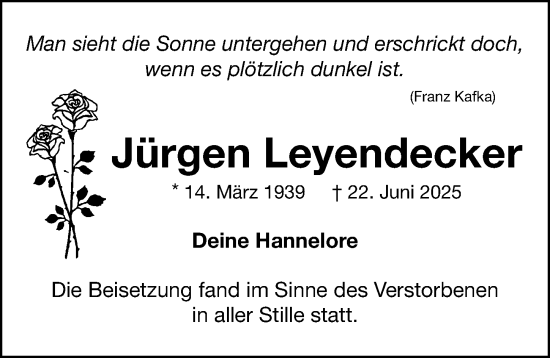 Traueranzeige von Jürgen Leyendecker von Gesamtausgabe Nürnberger Nachrichten/ Nürnberger Ztg.