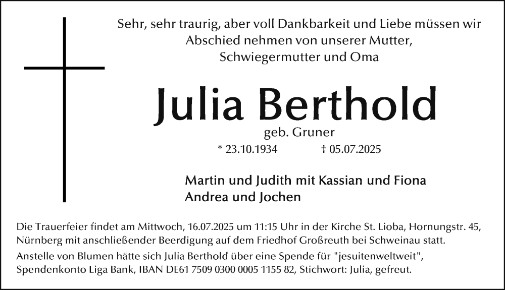  Traueranzeige für Julia Berthold vom 12.07.2025 aus Gesamtausgabe Nürnberger Nachrichten/ Nürnberger Ztg.
