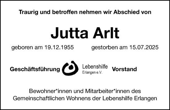 Traueranzeige von Jutta Arlt von Erlanger Nachrichten Lokal