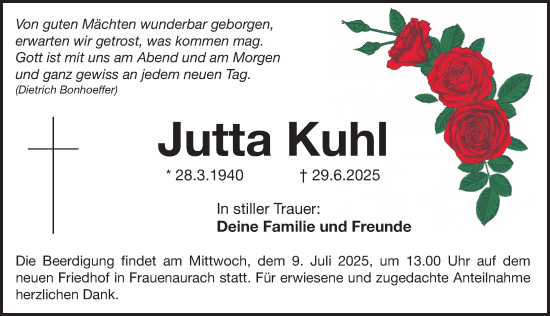 Traueranzeige von Jutta Kuhl von Erlanger Nachrichten Lokal