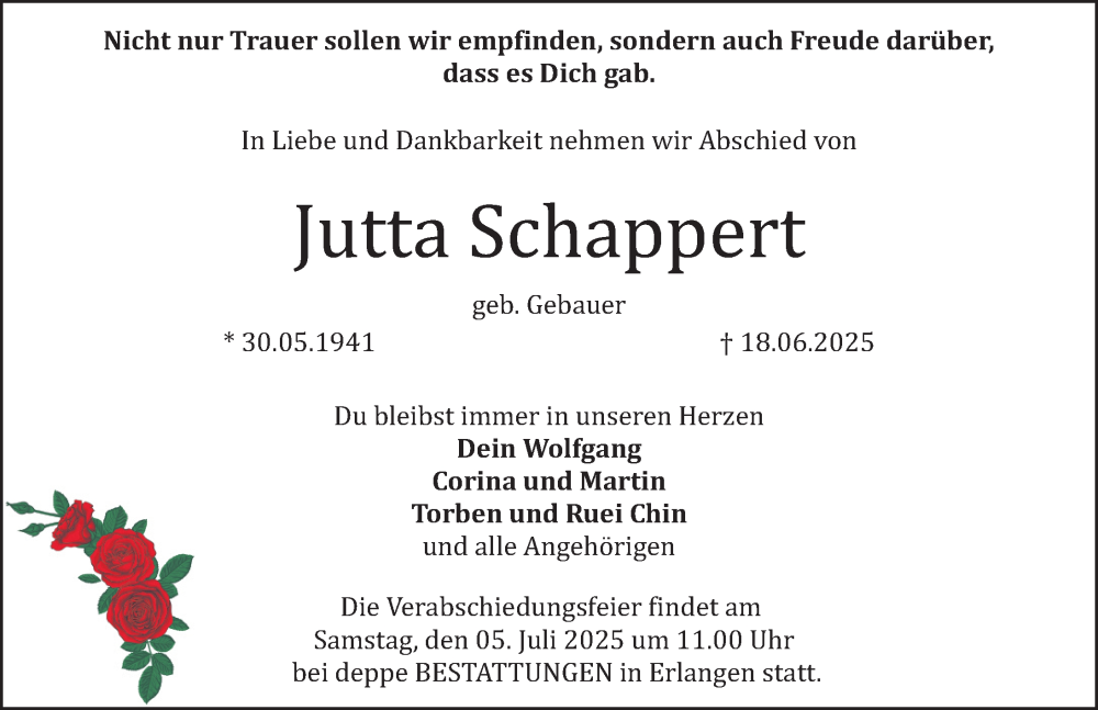  Traueranzeige für Jutta Schappert vom 02.07.2025 aus Erlanger Nachrichten Lokal