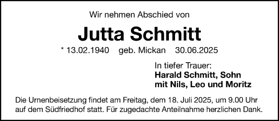 Traueranzeige von Jutta Schmitt von Gesamtausgabe Nürnberger Nachrichten/ Nürnberger Ztg.