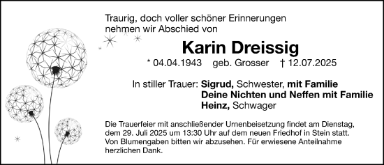 Traueranzeige von Karin Dreissig von Gesamtausgabe Nürnberger Nachrichten/ Nürnberger Ztg.