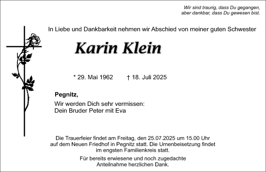 Traueranzeige von Karin Klein von Nordbayerische Nachrichten Pegnitz Lokal