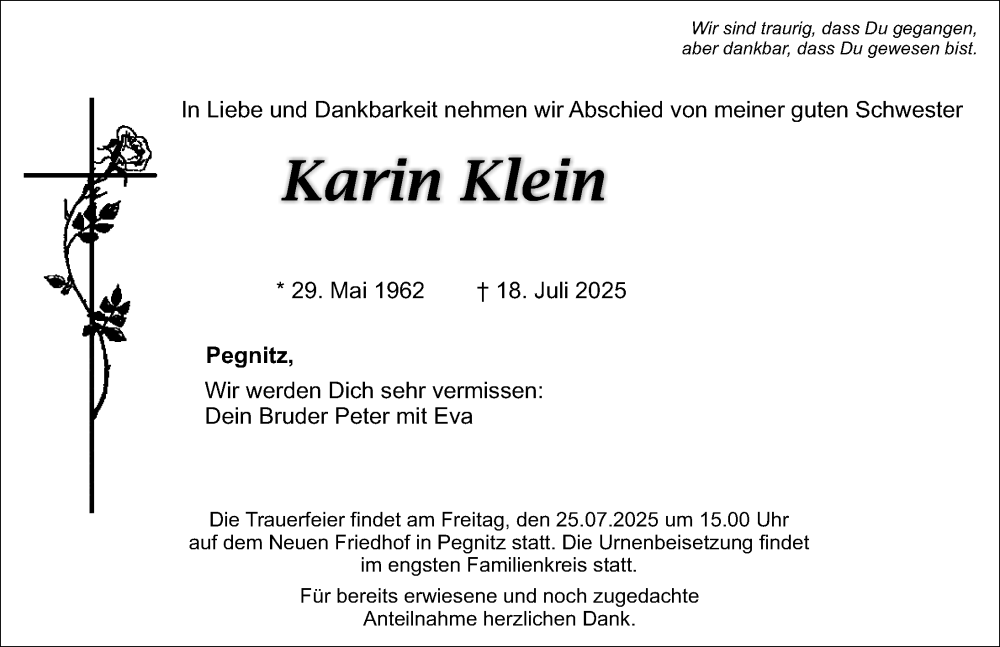  Traueranzeige für Karin Klein vom 24.07.2025 aus Nordbayerische Nachrichten Pegnitz Lokal