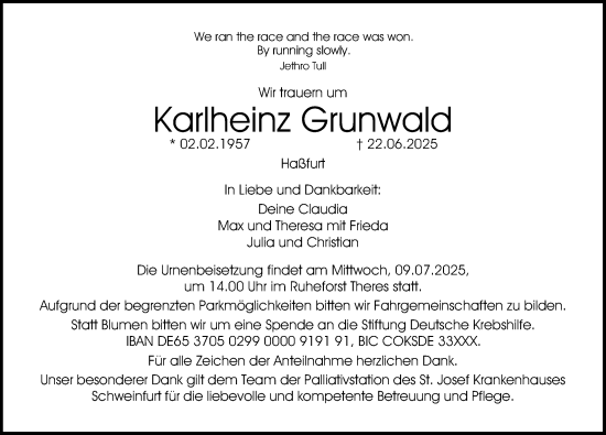 Traueranzeige von Karlheinz Grunwald von Fürther Nachrichten Lokal