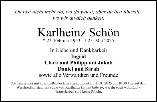 Traueranzeige von Karlheinz Schön von Gesamtausgabe Nürnberger Nachrichten/ Nürnberger Ztg.