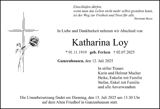 Traueranzeige von Katharina Loy von Altmühl-Bote Lokal