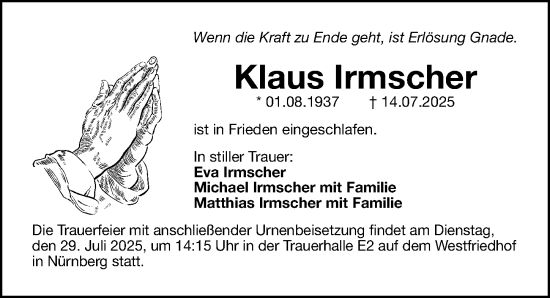Traueranzeige von Klaus Irmscher von Gesamtausgabe Nürnberger Nachrichten/ Nürnberger Ztg.