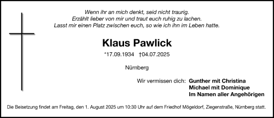 Traueranzeige von Klaus Pawlick von Gesamtausgabe Nürnberger Nachrichten/ Nürnberger Ztg.