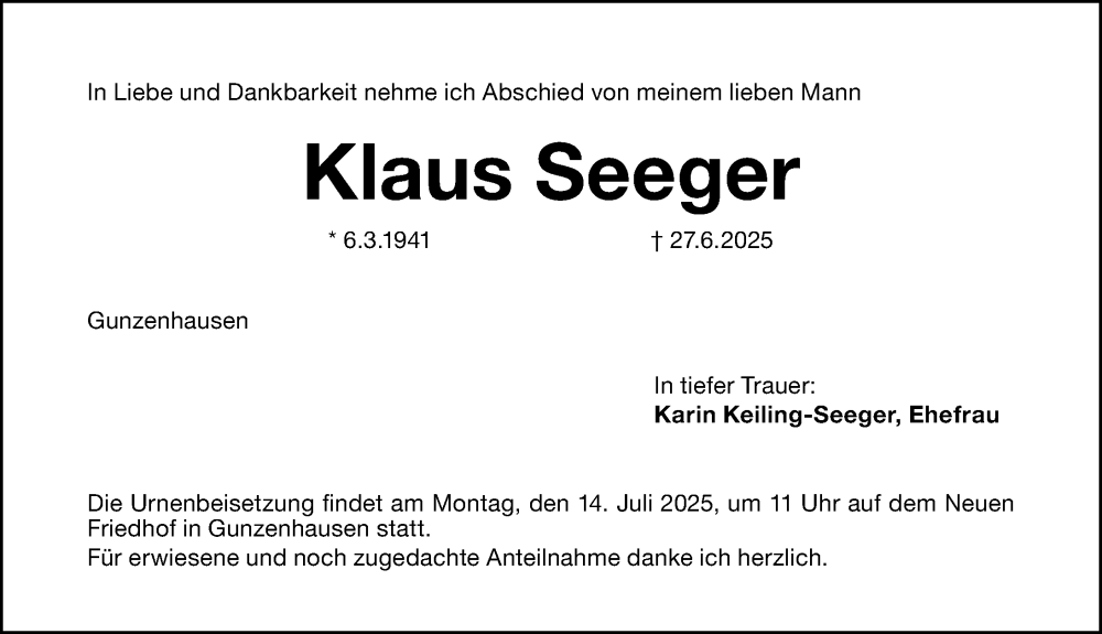  Traueranzeige für Klaus Seeger vom 12.07.2025 aus Altmühl-Bote Lokal