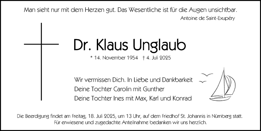  Traueranzeige für Klaus Unglaub vom 12.07.2025 aus Gesamtausgabe Nürnberger Nachrichten/ Nürnberger Ztg.