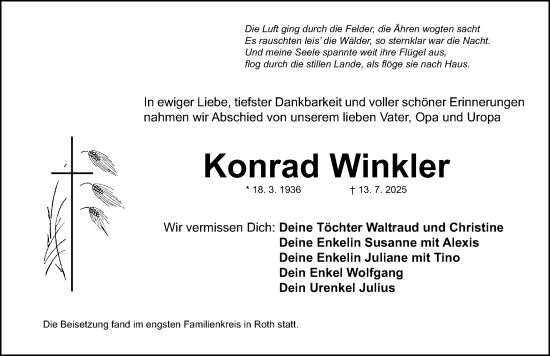 Traueranzeige von Konrad Winkler von Roth-Hilpoltsteiner Volkszeitung Lokal