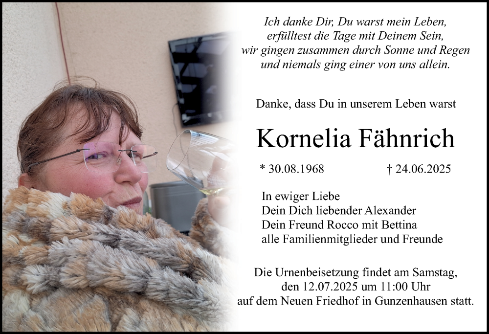 Traueranzeige für Kornelia Fähnrich vom 09.07.2025 aus Altmühl-Bote Lokal