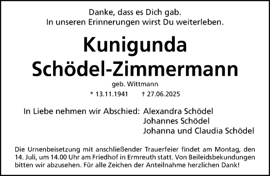 Traueranzeige von Kunigunda Schödel-Zimmermann von Nordbayerische Nachrichten Forchheim Lokal