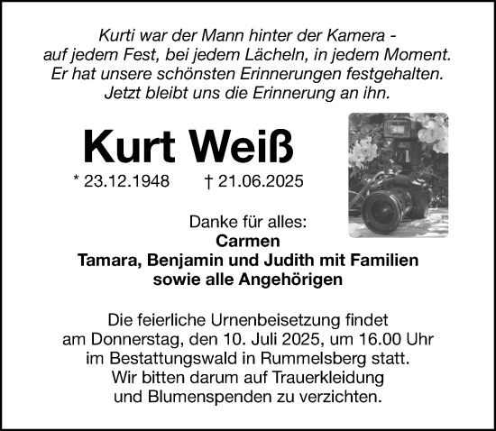 Traueranzeige von Kurt Weiß von Gesamtausgabe Nürnberger Nachrichten/ Nürnberger Ztg.