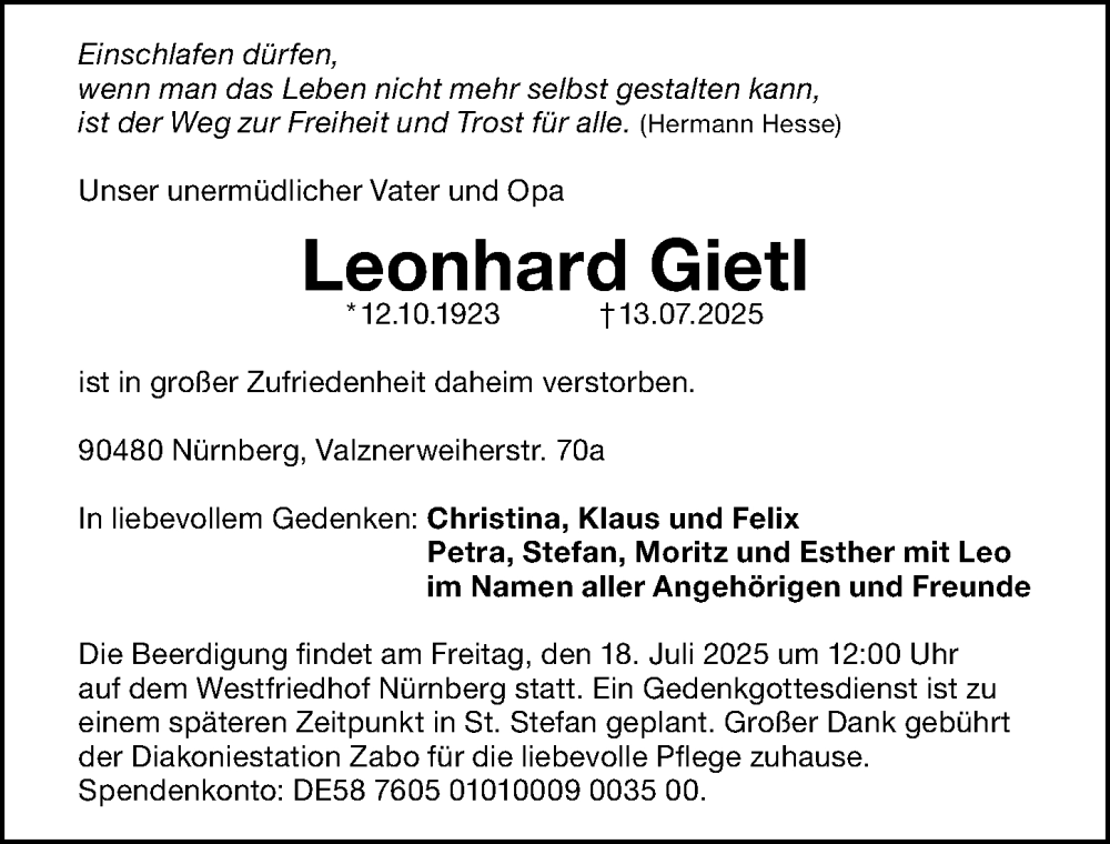  Traueranzeige für Leonhard Gietl vom 16.07.2025 aus Gesamtausgabe Nürnberger Nachrichten/ Nürnberger Ztg.