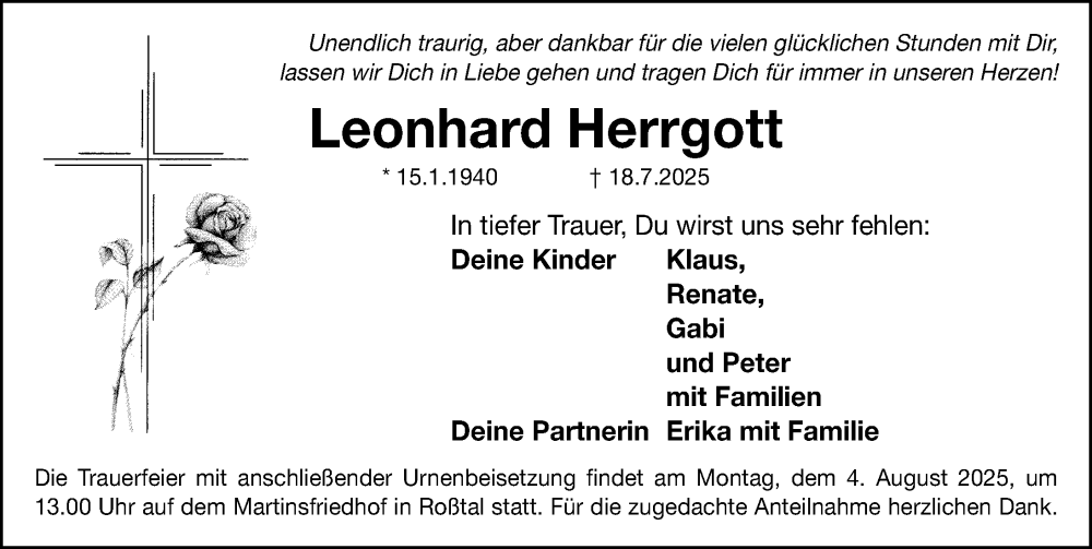  Traueranzeige für Leonhard Herrgott vom 26.07.2025 aus Fürther Nachrichten Lokal