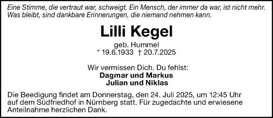 Traueranzeige von Lilli Kegel von Gesamtausgabe Nürnberger Nachrichten/ Nürnberger Ztg.