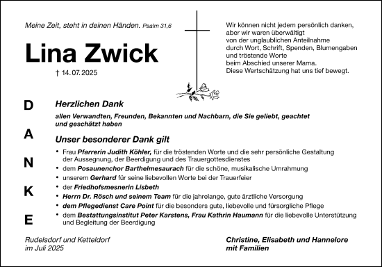 Traueranzeige von Lina Zwick von Schwabacher Tagblatt Lokal