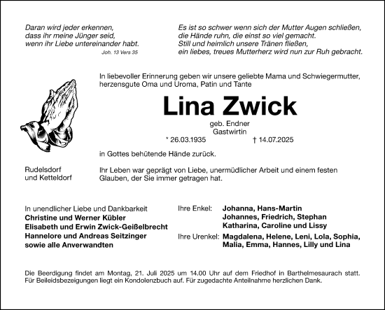 Traueranzeige von Lina Zwick von Schwabacher Tagblatt Lokal