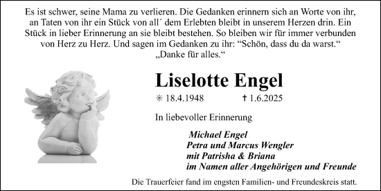 Traueranzeige von Liselotte Engel von Erlanger Nachrichten Lokal