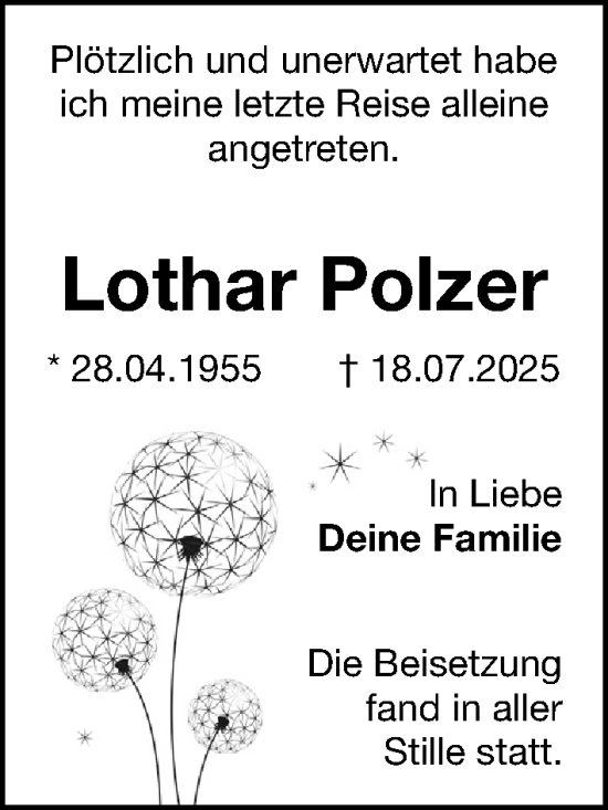 Traueranzeige von Lothar Polzer von Gesamtausgabe Nürnberger Nachrichten/ Nürnberger Ztg.
