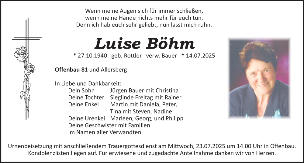  Traueranzeige für Luise Bohm vom 19.07.2025 aus Roth-Hilpoltsteiner Volkszeitung Lokal