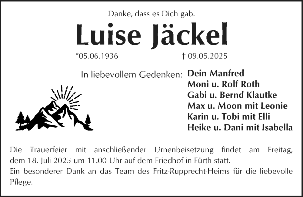  Traueranzeige für Luise Jäckel vom 12.07.2025 aus Fürther Nachrichten Lokal