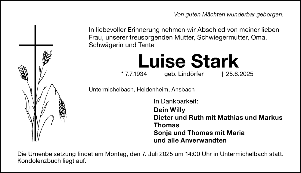  Traueranzeige für Luise Stark vom 05.07.2025 aus Altmühl-Bote Lokal