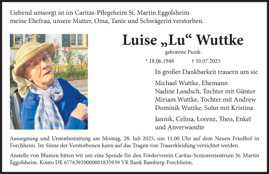 Traueranzeige von Luise Wuttke von Nordbayerische Nachrichten Forchheim Lokal