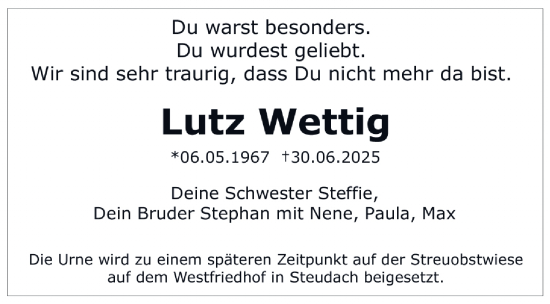 Traueranzeige von Lutz Wettig von Gesamtausgabe Nürnberger Nachrichten/ Nürnberger Ztg.