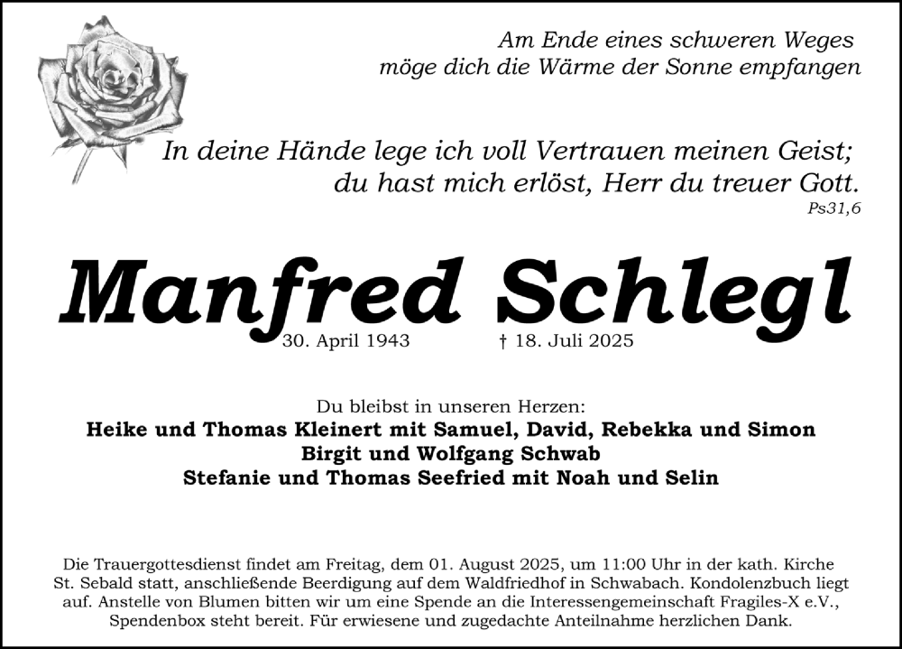  Traueranzeige für Manfred Schlegl vom 26.07.2025 aus Schwabacher Tagblatt Lokal
