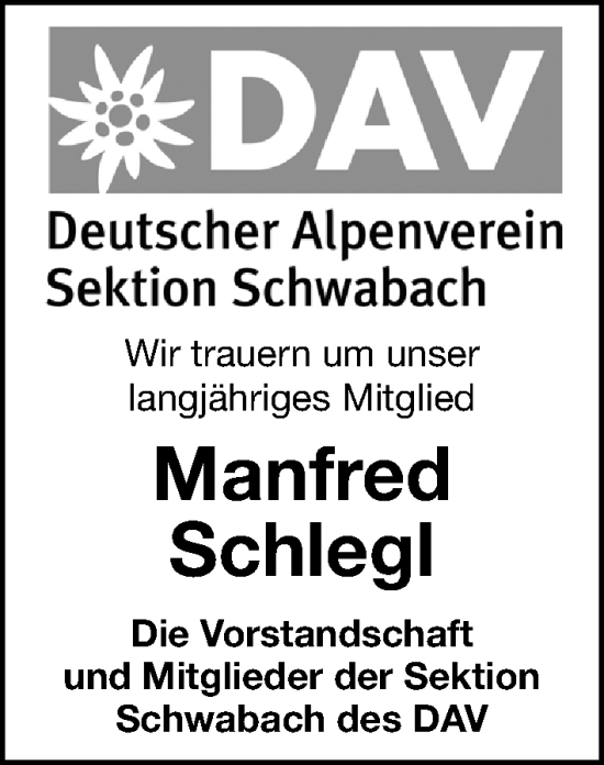 Traueranzeige von Manfred Schlegl von Schwabacher Tagblatt Lokal