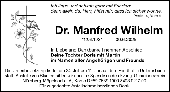 Traueranzeige von Manfred Wilhelm von Gesamtausgabe Nürnberger Nachrichten/ Nürnberger Ztg.