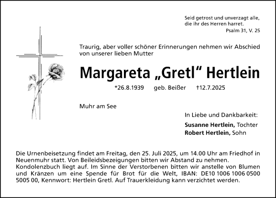 Traueranzeige von Margareta Hertlein von Altmühl-Bote Lokal