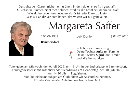 Traueranzeige von Margareta Saffer von Nordbayerische Nachrichten Forchheim Lokal
