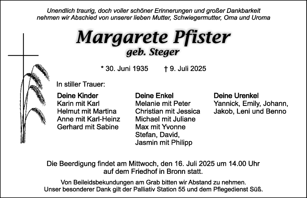  Traueranzeige für Margarete Pfister vom 14.07.2025 aus Nordbayerische Nachrichten Pegnitz Lokal
