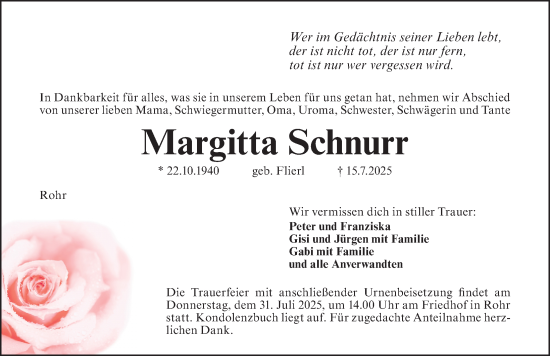 Traueranzeige von Margitta Schnurr von Schwabacher Tagblatt Lokal