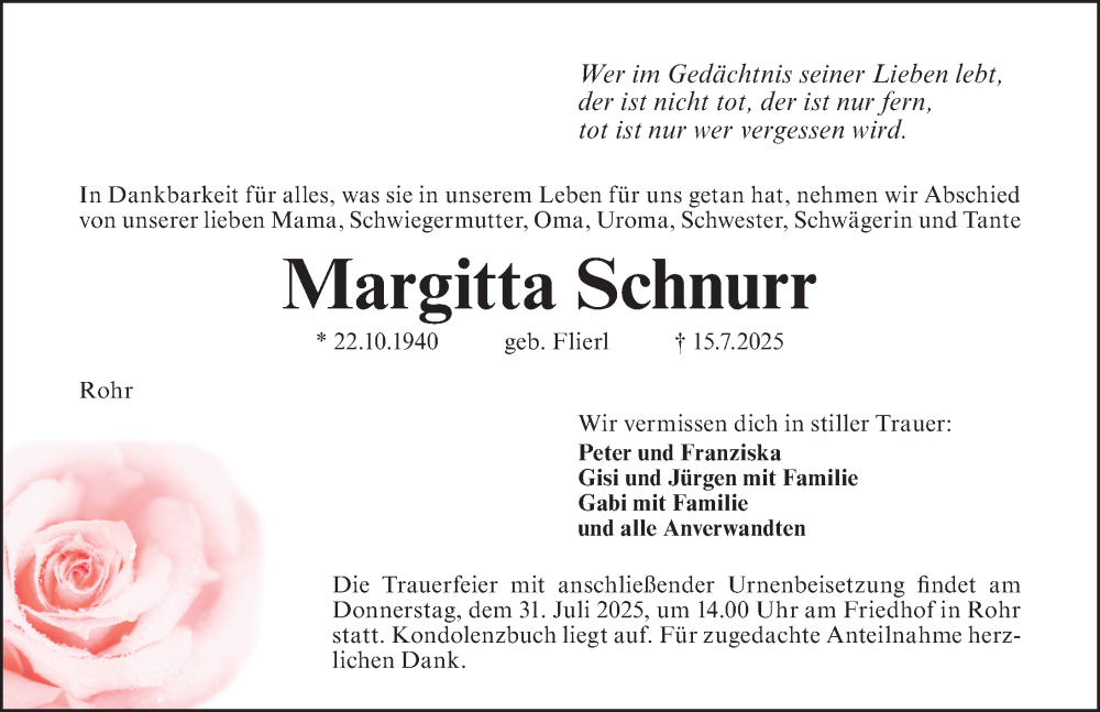  Traueranzeige für Margitta Schnurr vom 29.07.2025 aus Schwabacher Tagblatt Lokal