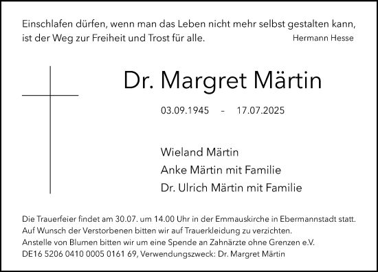 Traueranzeige von Margret Märtin von Gesamtausgabe Nürnberger Nachrichten/ Nürnberger Ztg.