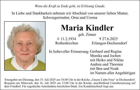 Traueranzeige von Maria Kindler von Erlanger Nachrichten Lokal