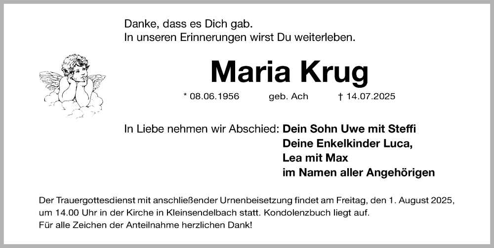  Traueranzeige für Maria Krug vom 26.07.2025 aus Nordbayerische Nachrichten Forchheim Lokal
