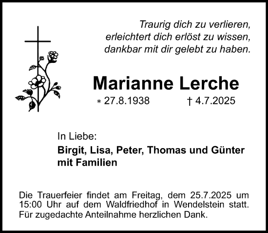 Traueranzeige von Marianne Lerche von Schwabacher Tagblatt Lokal