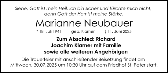 Traueranzeige von Marianne Neubauer von Gesamtausgabe Nürnberger Nachrichten/ Nürnberger Ztg.