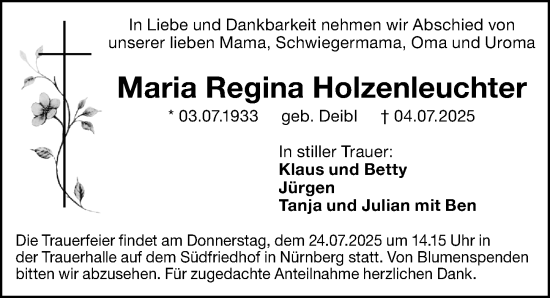 Traueranzeige von Maria Regina Holzenleuchter von Gesamtausgabe Nürnberger Nachrichten/ Nürnberger Ztg.