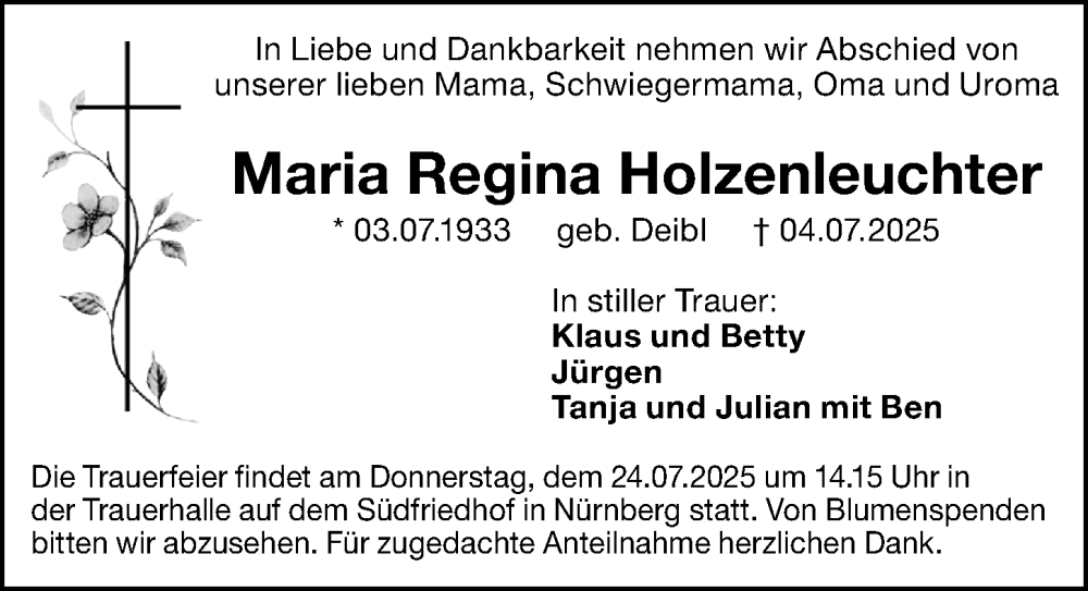  Traueranzeige für Maria Regina Holzenleuchter vom 19.07.2025 aus Gesamtausgabe Nürnberger Nachrichten/ Nürnberger Ztg.