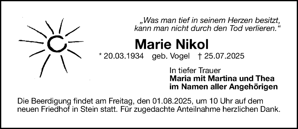 Traueranzeige für Marie Nikol vom 30.07.2025 aus Gesamtausgabe Nürnberger Nachrichten/ Nürnberger Ztg.