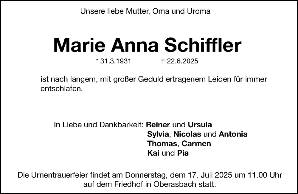  Traueranzeige für Marie Anna Schiffler vom 15.07.2025 aus Fürther Nachrichten Lokal