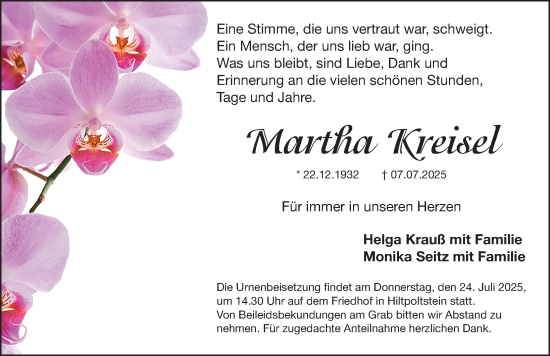 Traueranzeige von Martha Kreisel von Nordbayerische Nachrichten Forchheim Lokal